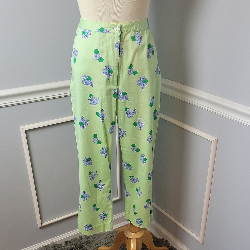 LILLY PULITZER VTG Green Floral Polka Dot Flatβ Front Preppy Chino Cropped Pants